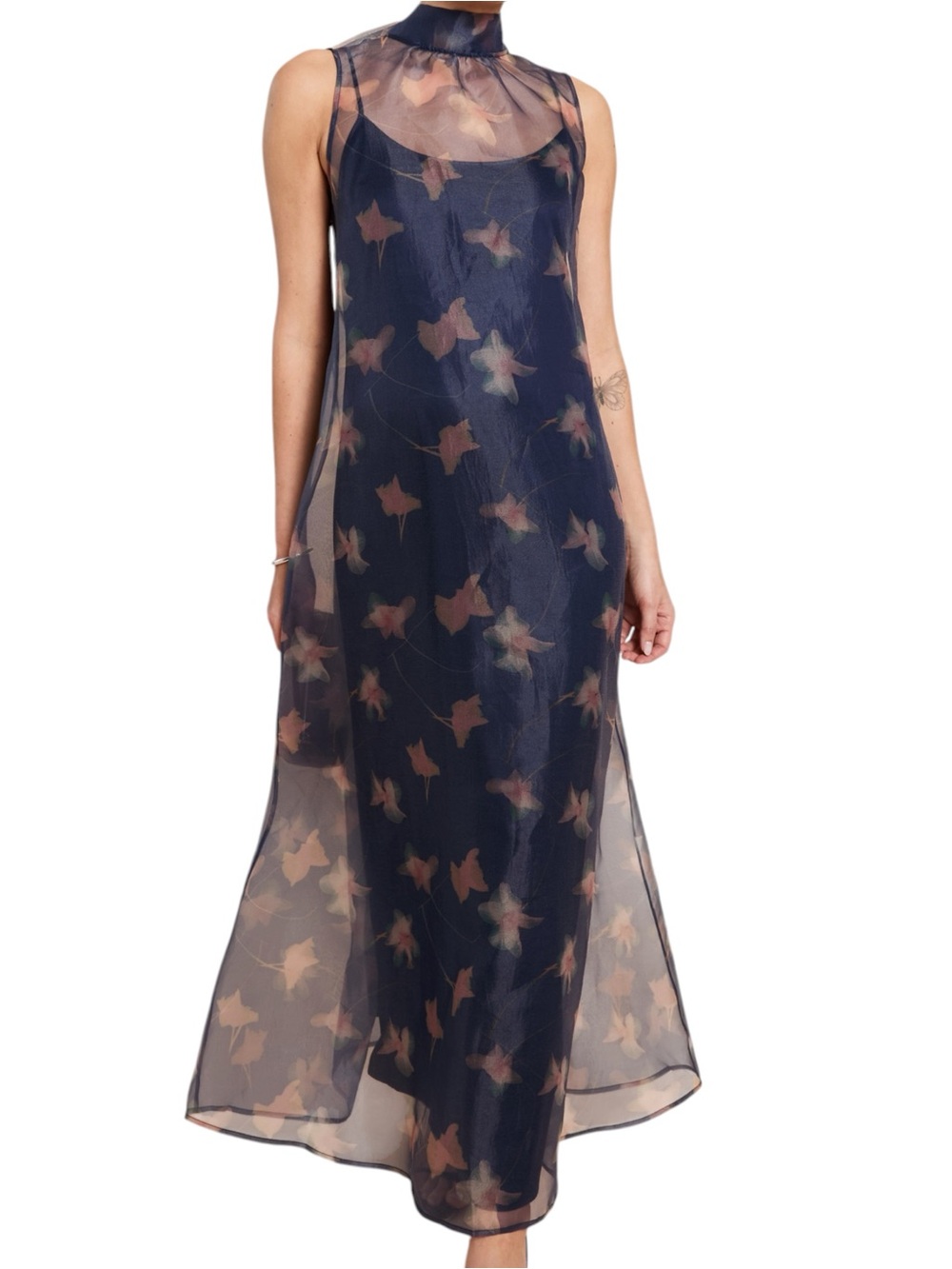 Few Moda Caara Alette Sheer Floral Overlay Blue Maxi Dress Navy Flutter NWT